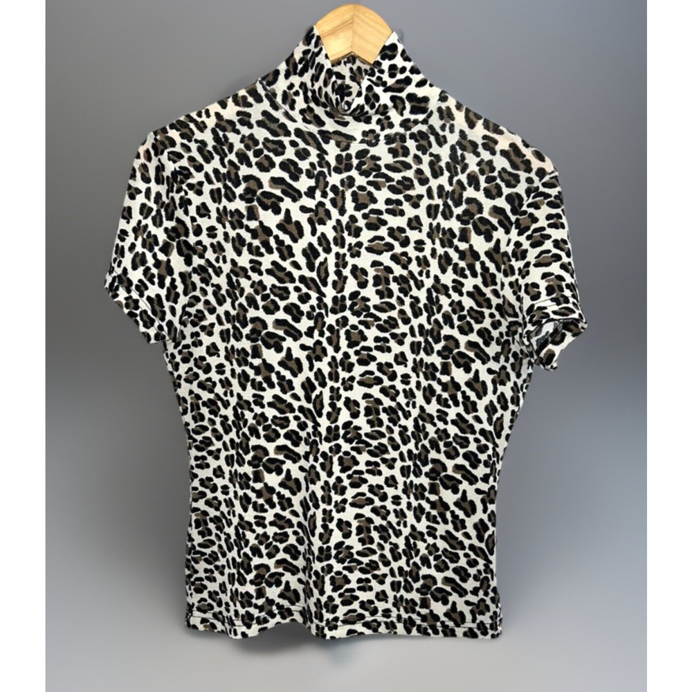 Frazier Lawrence Leopard Stretch Short Sleeve Top Shirt - Tan - Sz S - Mob Wife